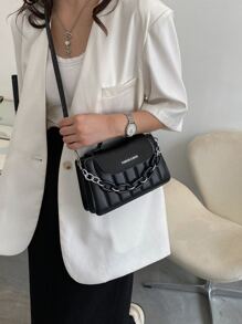 Lightweight,Business Casual Mini Chain Decor Quilted Satchel Bag For Teen Girls Women College Students,Rookies & White-collar Workers Perfect for Office,College,Work ,Business,Commute,Outdoors, Travel, Outings - Black - View 6