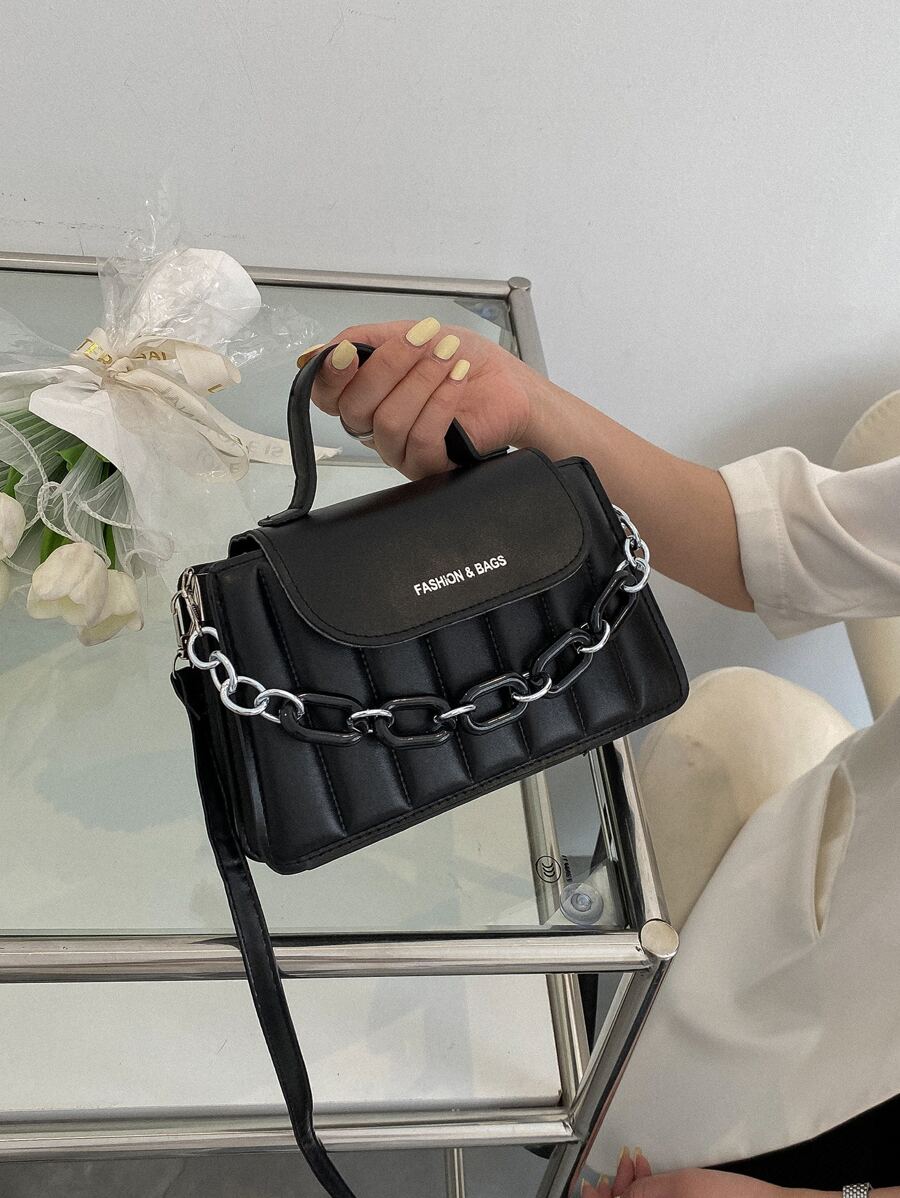 Lightweight,Business Casual Mini Chain Decor Quilted Satchel Bag For Teen Girls Women College Students,Rookies & White-collar Workers Perfect for Office,College,Work ,Business,Commute,Outdoors, Travel, Outings - Black - View 1
