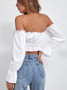 SHEIN ChicEase Off Shoulder Flounce Sleeve Ruffle Hem Crop Top - White - View 2