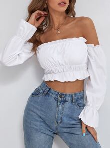 SHEIN ChicEase Off Shoulder Flounce Sleeve Ruffle Hem Crop Top - White - View 7