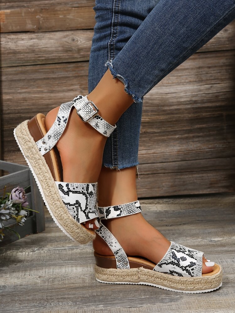Snakeskin Print Ankle Strap Espadrille Wedge Sandals | SHEIN USA