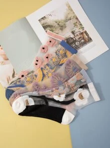 5雙花朵印花中筒襪 - 彩色 - 查看 3