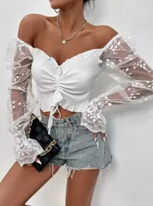 Chiquease Áo hở vai thêu lưới chắp vá có dây rút - trắng - Xem 1