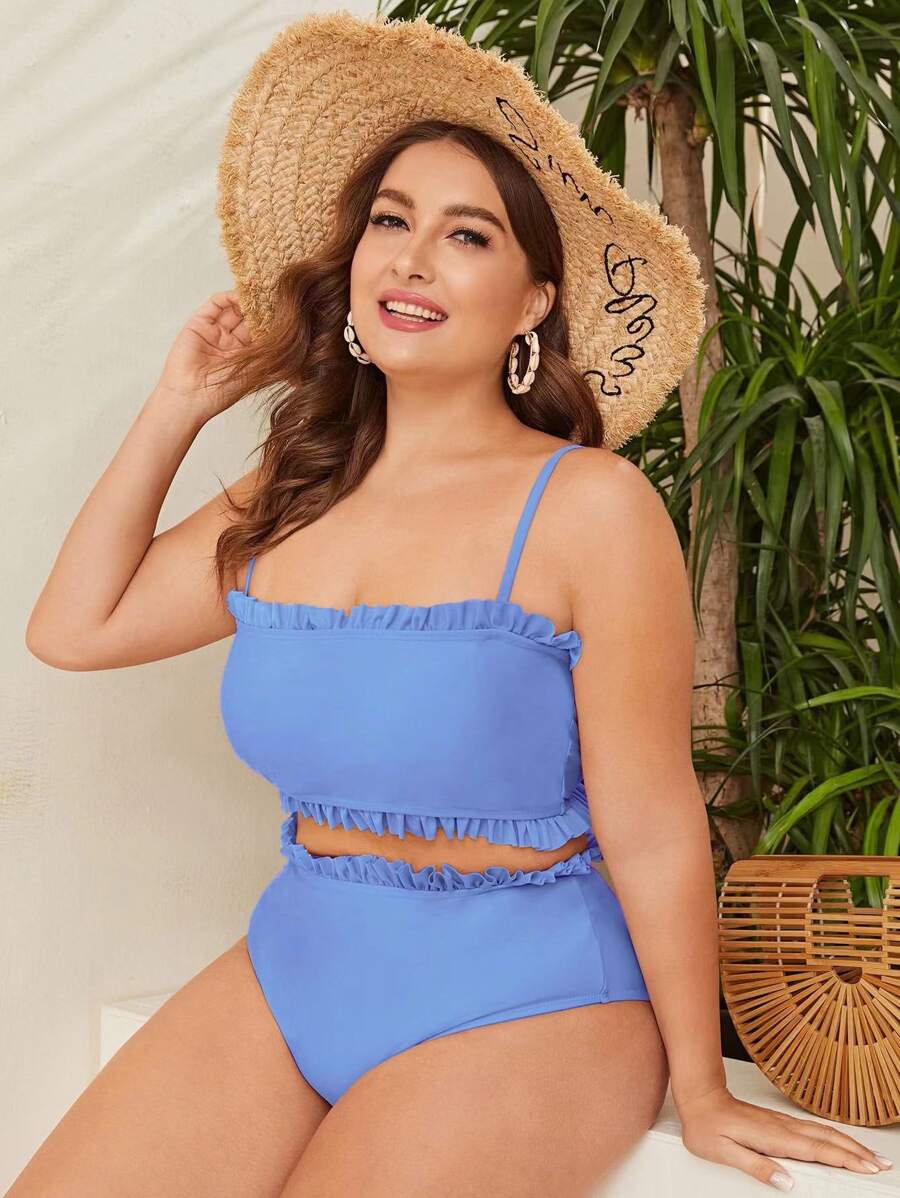 SHEIN Swim Curve 大尺碼純色荷葉邊比基尼套裝，適合夏季海灘 - 霧霾藍 - 查看 1