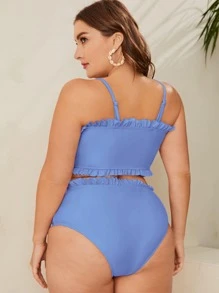 SHEIN Swim Curve 大尺碼純色荷葉邊比基尼套裝，適合夏季海灘 - 霧霾藍 - 查看 2