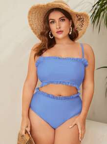 SHEIN Swim Curve 大尺碼純色荷葉邊比基尼套裝，適合夏季海灘 - 霧霾藍 - 查看 3