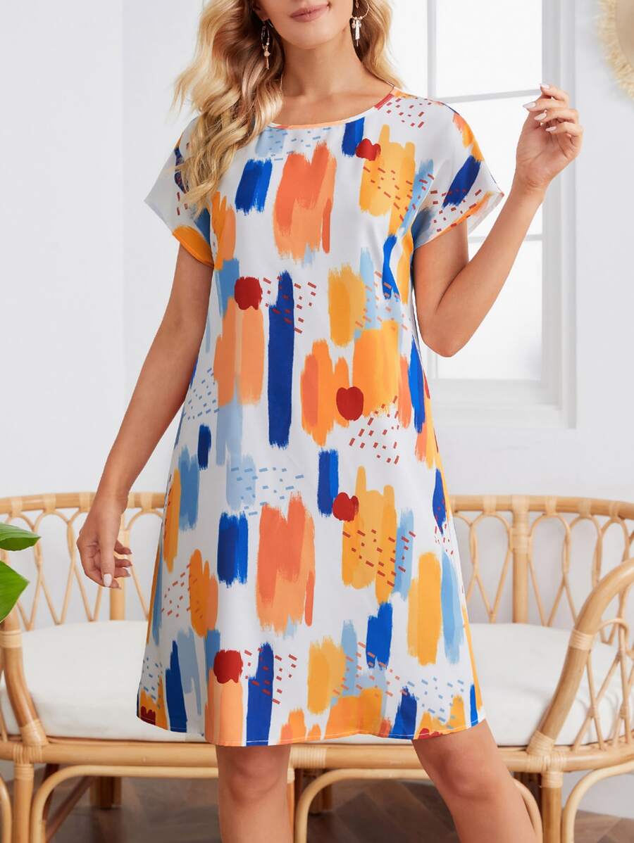 EMERY ROSE Vestido túnico con estampado de pincelada de manga murciélago - Multicolor - Ver 1