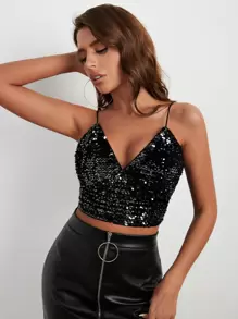 SHEIN BAE Áo hai dây Lộ Lưng ghép mộng kim sa Dây kéo màu trơn Hấp dẫn - màu đen - Xem 1