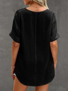 Áo sơ mi nữ Tương phản ren màu trơn Giải trí - màu đen - Xem 2