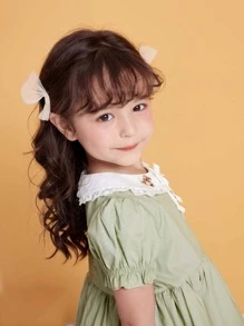 Children's Summer New Solid Color Bow Lace Simple And Versatile Cottagecore Style Peter Pan Collar Young Girl Dress