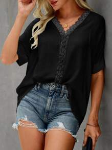 Áo sơ mi nữ Tương phản ren màu trơn Giải trí - màu đen - Xem 3