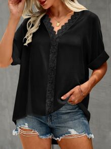 Áo sơ mi nữ Tương phản ren màu trơn Giải trí - màu đen - Xem 4
