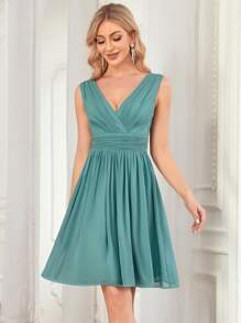 EVERPRETTY Zip Back Ruched Chiffon Dress - Cadet Blue - View 1