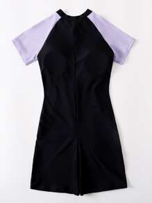 Two Tone Zipper Front One Piece Swimsuit, For Summer Beach Vacation - Multicolor - View 2