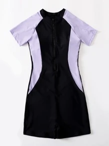 Two Tone Zipper Front One Piece Swimsuit, For Summer Beach Vacation - Multicolor - View 3