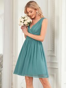 EVERPRETTY Zip Back Ruched Chiffon Dress - Cadet Blue - View 4