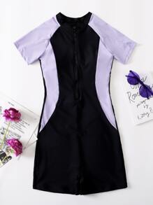 Two Tone Zipper Front One Piece Swimsuit, For Summer Beach Vacation - Multicolor - View 5