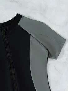 Swim SPRTY Summer Beach Two Tone Zipper Front One Piece Swimsuit - Black - View 4