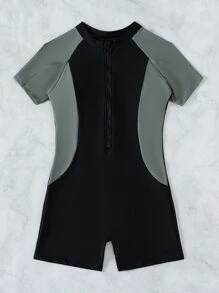 Swim SPRTY Summer Beach Two Tone Zipper Front One Piece Swimsuit - Black - View 5