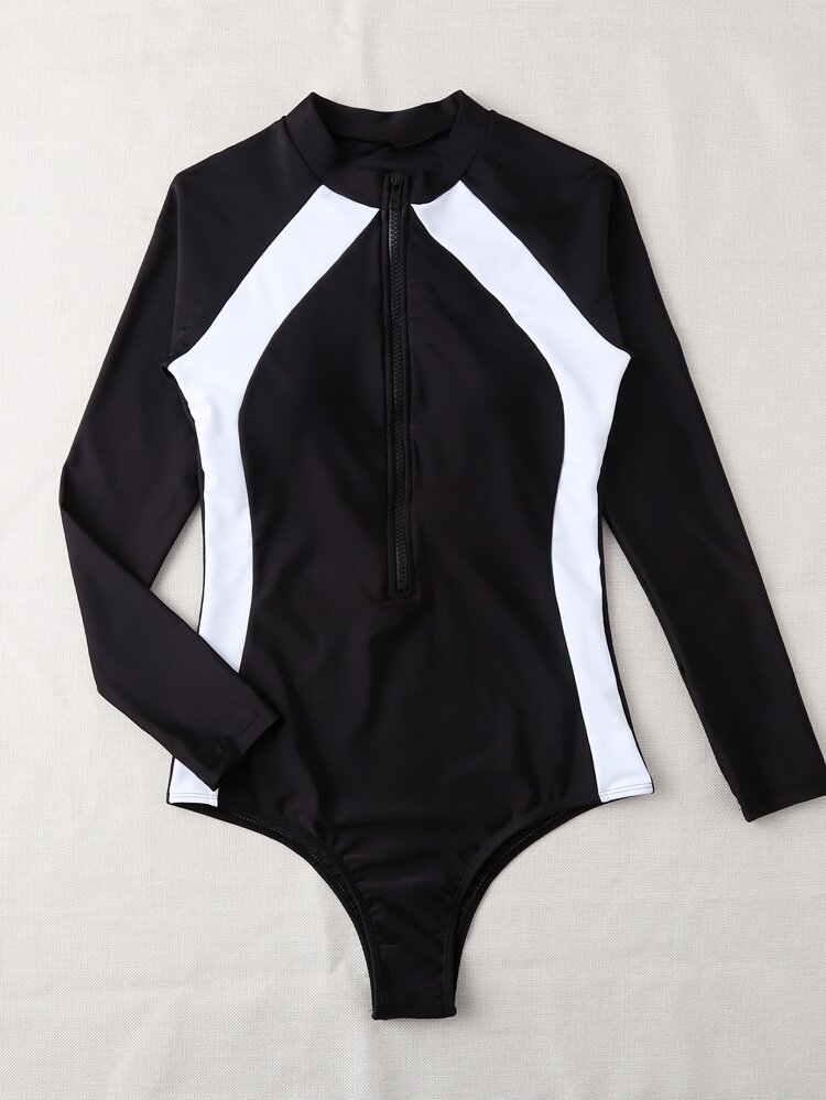 Summer Beach Colorblock Zipper Front One Piece Swimsuit