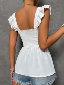 SHEIN Unity Ruffle Armhole Shirred Tie Front Peplum Top - White - View 2