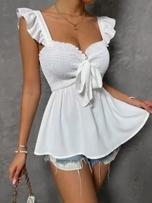 SHEIN Unity Ruffle Armhole Shirred Tie Front Peplum Top - White - View 5