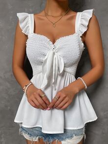 SHEIN Unity Ruffle Armhole Shirred Tie Front Peplum Top - White - View 6
