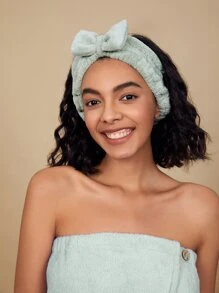 SHEIN Basic living BASIC LIVING Microfiber Spa Makeup Headband Coral Fleece Bow - Green - View 1