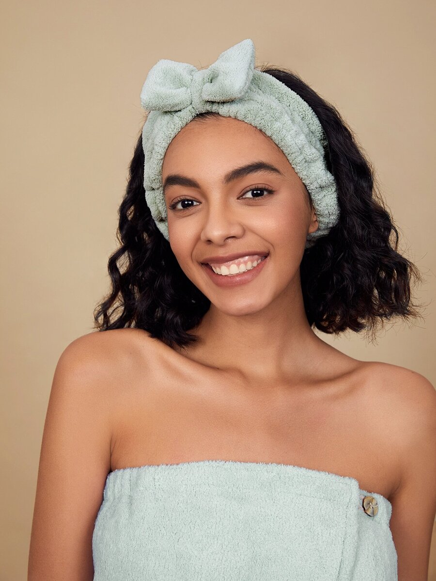 SHEIN Basic living BASIC LIVING Microfiber Spa Makeup Headband Coral Fleece Bow - Green - View 1