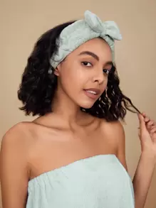 SHEIN Basic living BASIC LIVING Microfiber Spa Makeup Headband Coral Fleece Bow - Green - View 5