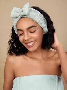 SHEIN Basic living BASIC LIVING Microfiber Spa Makeup Headband Coral Fleece Bow - Green - View 8