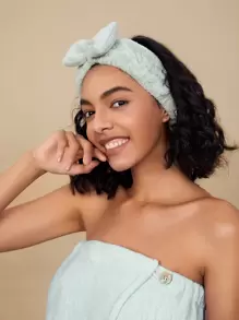 SHEIN Basic living BASIC LIVING Microfiber Spa Makeup Headband Coral Fleece Bow - Green - View 10