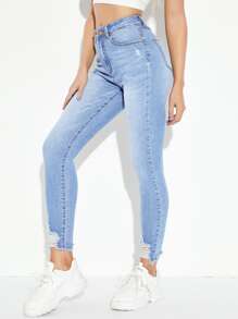 High Waist High Stretch Raw Hem Skinny Jeans - Light Wash - View 1
