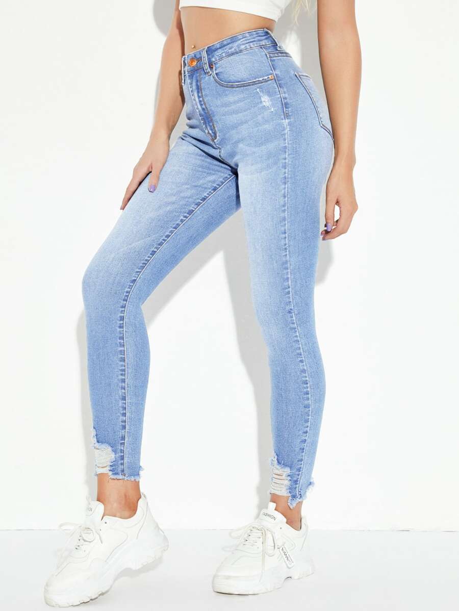 High Waist High Stretch Raw Hem Skinny Jeans - Light Wash - View 1