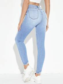 High Waist High Stretch Raw Hem Skinny Jeans - Light Wash - View 2