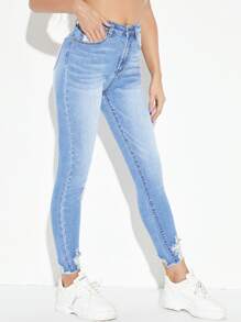 High Waist High Stretch Raw Hem Skinny Jeans - Light Wash - View 4