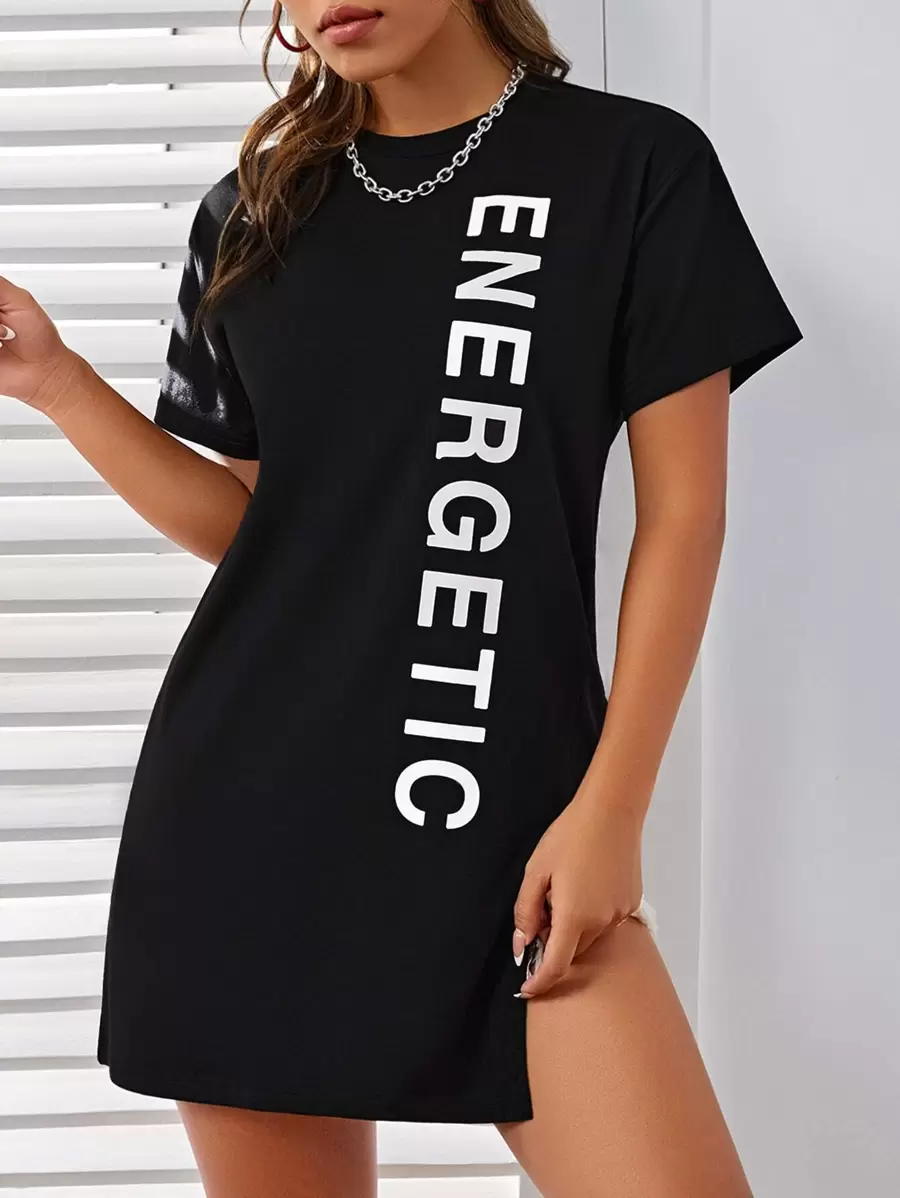 SHEIN EZwear Đầm Tách cao Lá thư Giải trí - màu đen - Xem 1