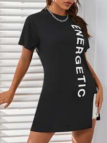 SHEIN EZwear Đầm Tách cao Lá thư Giải trí - màu đen - Xem 3