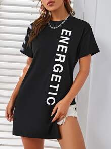 SHEIN EZwear Đầm Tách cao Lá thư Giải trí - màu đen - Xem 4