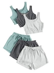 6pcs Solid Tank Top & Shorts Lounge Set Outfit - Multicolor - View 3