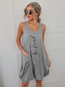 SHEIN LUNE 字母圖案雙口袋背心連衣裙 - 灰色 - 查看 1