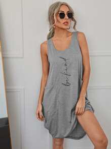SHEIN LUNE 字母圖案雙口袋背心連衣裙 - 灰色 - 查看 4