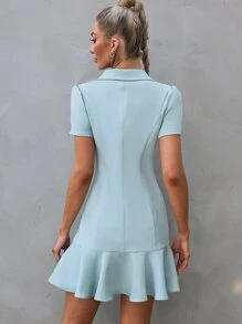 Double Breasted Puff Sleeve Ruffle Hem Blazer Dress - Mint Blue - View 2