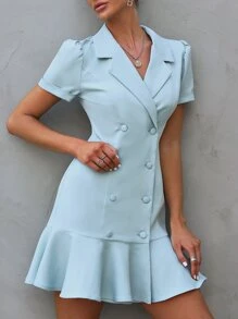 Double Breasted Puff Sleeve Ruffle Hem Blazer Dress - Mint Blue - View 3