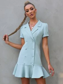 Double Breasted Puff Sleeve Ruffle Hem Blazer Dress - Mint Blue - View 4