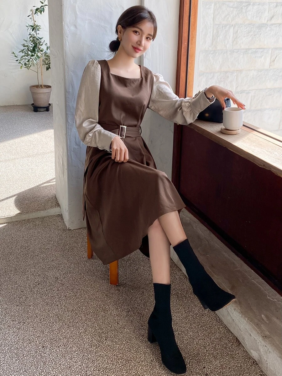DAZY Square Neck Contrast Sleeve Belted Dress - Chocolate Brown - View 1