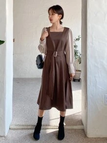 DAZY Square Neck Contrast Sleeve Belted Dress - Chocolate Brown - View 4