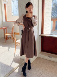 DAZY Square Neck Contrast Sleeve Belted Dress - Chocolate Brown - View 5