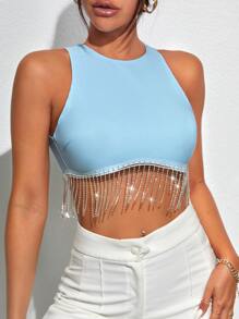 SHEIN BAE Rhinestone Fringe Zip Back Tank Top - Blue - View 1
