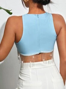 SHEIN BAE Rhinestone Fringe Zip Back Tank Top - Blue - View 2
